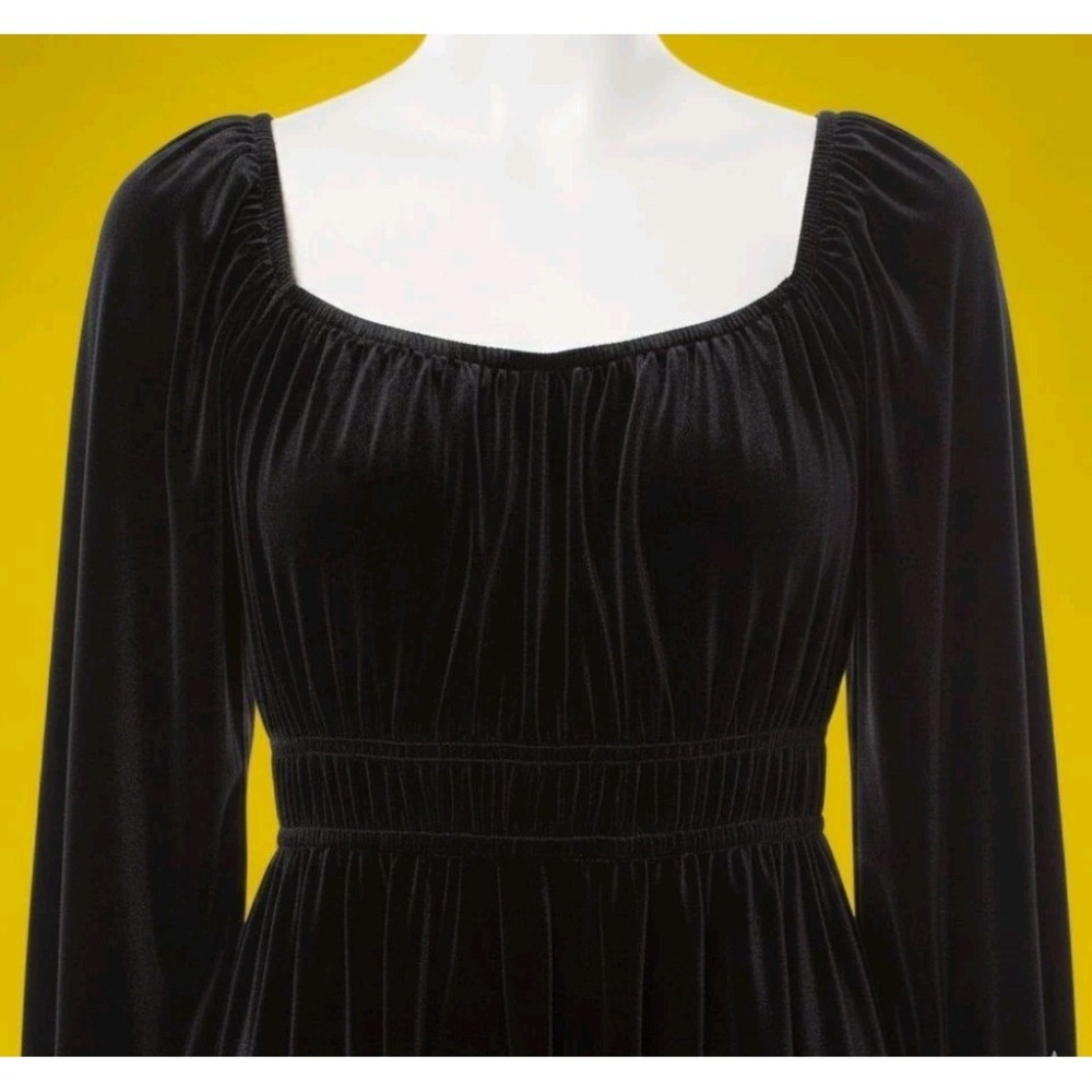 NWT Black Velvet Midi Dress Holiday Party Square Neck Long Puff Sleeve S Goth